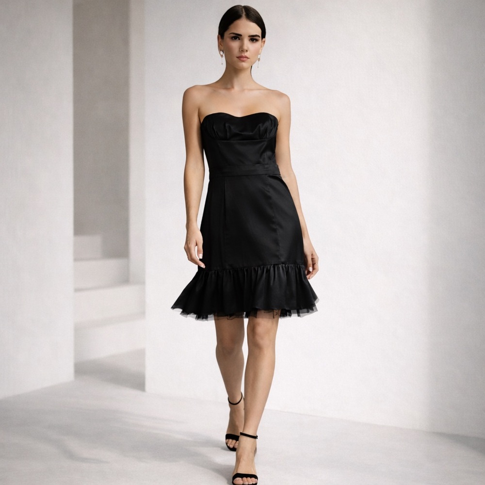 BCBG Max Azria Black Strapless Satin Dress Structured Mini Size 6